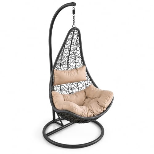 Poltrona Sospesa Da Giardino Con Struttura Autoportante In Metallo Seduta In Polyrattan E Cuscino Con Poggiatesta Beige Arredo Outdoor Terrazza Balcone E Veranda 105 x 195 Cm Nero