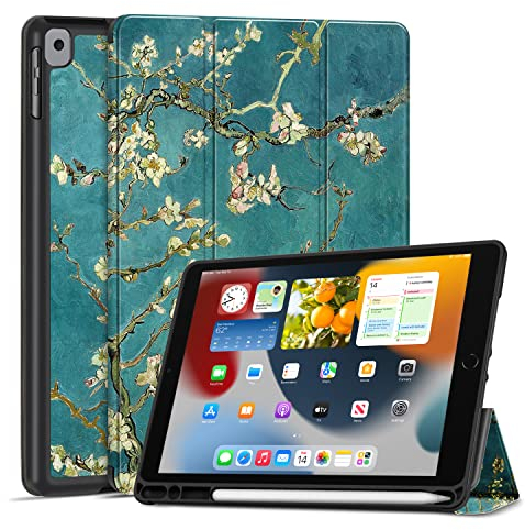 TNP iPad Hülle für iPad 9./8./7. Generation 10,2 Zoll 2021/2020/2019 Modell, Schutzhülle mit Stifthalter, dünner und weicher iPad Case aus TPU, iPad Cover mit Auto Schlaf/Wach Funktion, Mandelblüten