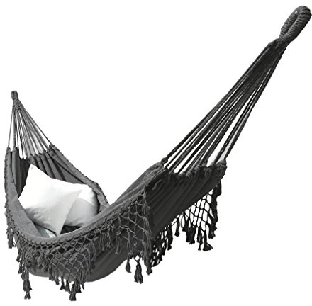 Gris lona hamaca brasileña doble extra-grandes borlas exterior jardín interior camping portátil