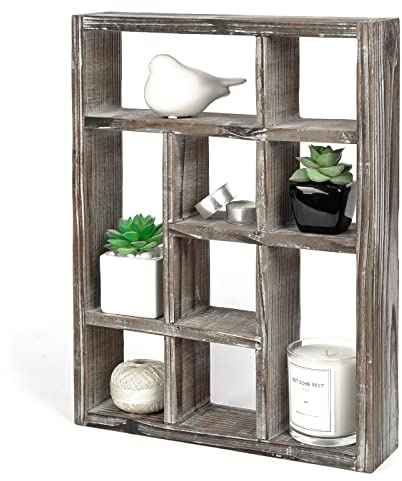 J JACKCUBE DESIGN Rustic Multi-Slot Shelf Cube Display 9 Compartment Shadow Box Wall mountable Shelf for Collection Square Freestanding Case Farmhouse Décor - MK570A (Rustic Wood)