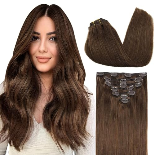 GOO GOO Clip in Human Hair Extensions, 24inch 120g 7pcs, Hair Extensions Clip in, 4A Chocolate Brown