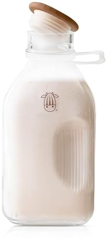 Almond Cow - Glass Pitcher with Lid and Spout, Glass Bottle Milk Container for Refrigerator, Clear Milk Jar Bottles, Food-Grade Liquid Container - 60 fl oz Capacity, 5 x 4 x 10 Inches