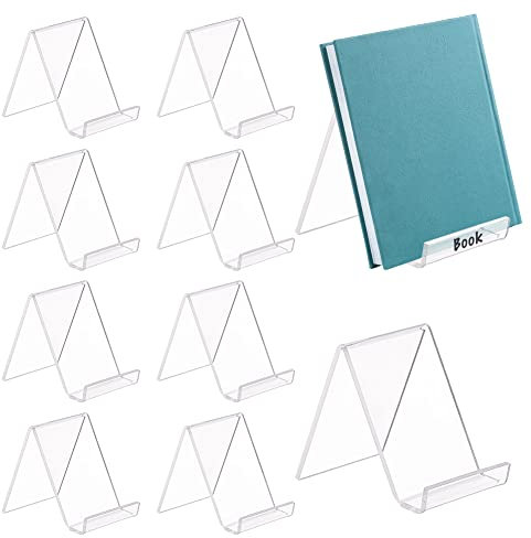 FINGERINSPIRE 10pcs Transparent Acrylic Book Stands for Display, Clear N/C Shape Flat Back Stands, Easel/Picture/Album/Brochure Holder for Organizing (8.4x5.6x7.65cm)
