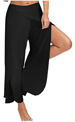 Onsoyours Pantalon Palazzo Fendu pour Femmes Filles - Yoga Fluide - Décontracté - A Noir XL