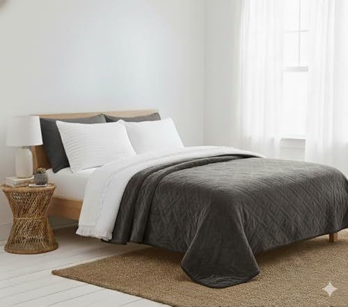 HaraDeco-Manta para Cama 135/140 de Borrego Sherpa, Acolchado Relleno Ligera, Manta Franela Termosellado Reversible Elegante para Regalo, Invierno, Entretiempo(Gris Claro, 220x240cm)