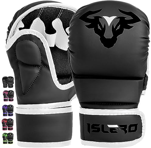Islero Fitness-Handschuhe, mattschwarz, Martial Arts Mitts Grappling Sparring Herren Muay Thai Cage Fighting Boxing Combat Sports Damen rosa UFC Boxsack Training (weiß, mittel)