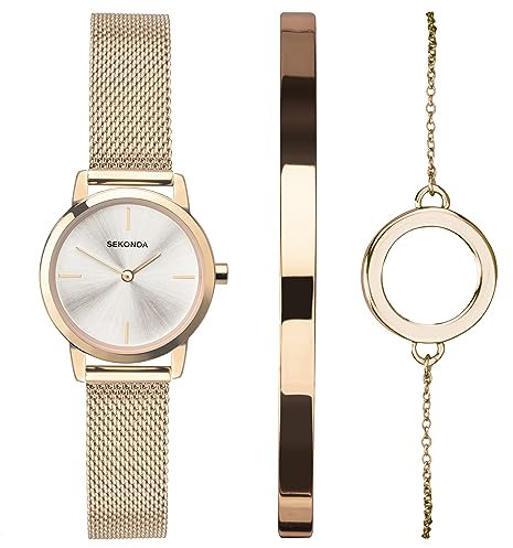 Sekonda Ladies 28mm Gift Set Watch, Rose Gold Case & Stainless Steel Mesh Bracelet with Silver Dial 49007