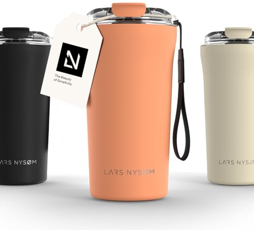 LARS NYSØM Thermo Coffee Mug-to-go with Strap 17oz | Travel Mug 0.5 Liter with Insulation | Leak Proof Stainless Steel Thermal Tumbler for Coffee and Tea to Go (Pumpkin Orange, 500ml)