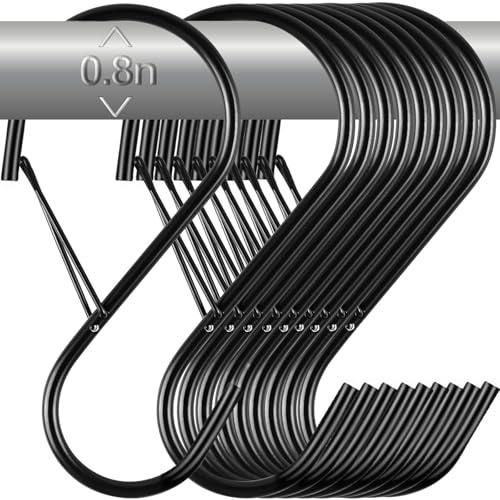 24 Pack Large S Hooks for Hanging with Safety Buckle, 4 Inch Heavy Duty S Hooks for Hanging Plants Closet, Metal S Hanger for Clothes,Kitchen,Pots and Pans,Bags,Jeans (Black)