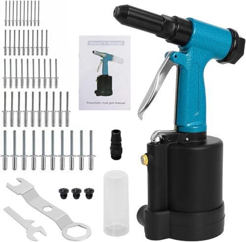 Remachadora Neumatica Profesional,Pistola Remachadora con 5 Boquillas de 2,4 mm-4,8mm (3/32 - 3/16) y 50 Remaches, Remachadora Premium Para Aluminio, Hierro y Acero Inoxidable (Azul)