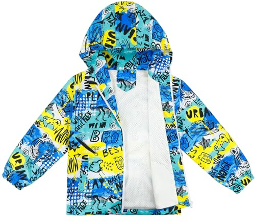LACOFIA Chaqueta Impermeable para Niños Cazadora Cortavientos Abrigos con Capucha Chubasquero Ligero con Forro para Niños Graffiti Azul 5~6 años(Etiqueta 6)
