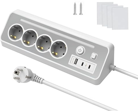 KS Regleta múltiple con interruptor, regleta de 4 enchufes con USB y luz nocturna LED, enchufe de mesa, enchufe de esquina, protección contra sobretensiones, regleta para cocina (1,5 m)