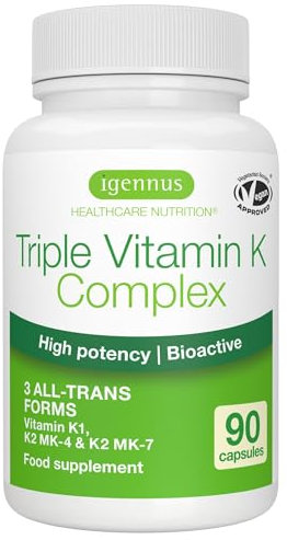 Triple K Complex 2700 mcg, All-Trans Vitamina K2 MK-7 200µg & MK-4 1000µg, Vitamina K1 1500µg, 90 Capsule Vegane, Formula Bioattiva ad Alto Dosaggio, Supporto Salute Ossea e Cardiovascolare - Igennus
