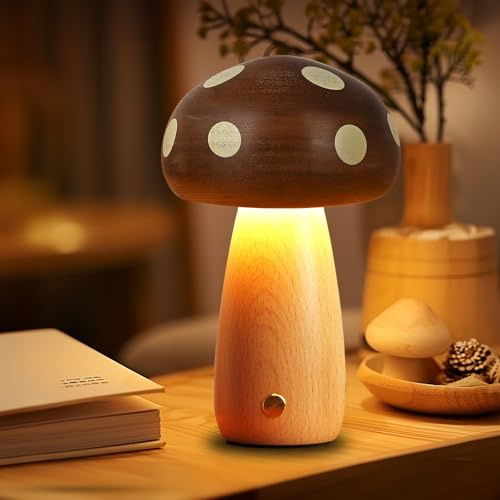 LONRISWAY LED Wooden Mushroom Lamp for Bedroom,Portable Cordless Touch Switch Small Rechargeable Battery Operated Lamp,Stepless Dimming, Night Light for Birthday Gifts