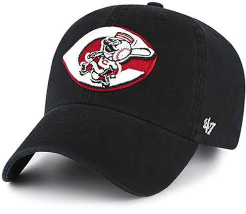 47 Brand MLB Cooperstown Primary Logo Clean Up Adjustable Baseball Cap Hat, Adult One Size Fits All, Cincinnati Reds, One size
