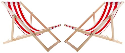 WOODOK 2-er Liegestuhl Set aus Buchholz Strandstuhl Sonnenliege Gartenliege für Strand, Garten, Balkon und Terrasse Liege Klappbar bis 120kg (Rote Streifen)