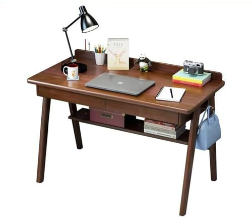Mid-Century Modern Writing Desk – 2-Drawer Computer Desk with Built-In Hooks, Bottom Storage Rack & Easy 20-Min Assembly for Study (Walnut color, 100cm)