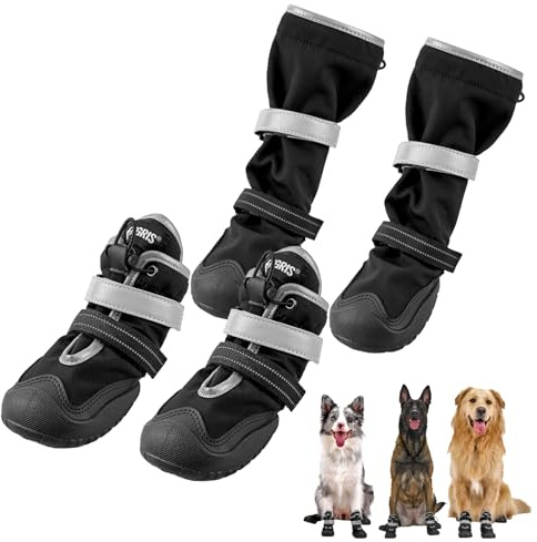 OneTigris Pathfinder Pathfinder - Juego de 4 zapatos antideslizantes para perros, impermeables, cálidos, ajustables, con cierres de reflectantes para perros medianos y grandes, color negro, talla 7