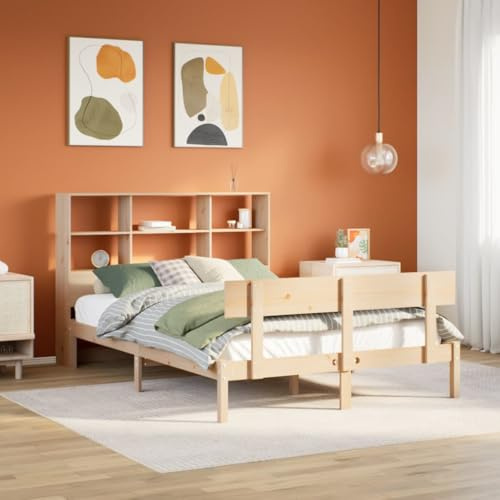 Letto in Legno Massello con Testiera Libreria, Piano Portaoggetti, Struttura Robusta, rete letto, letto matrimoniale, per Camera da Letto Principale e Secondaria, Colore Legno Naturale, 150x200 cm