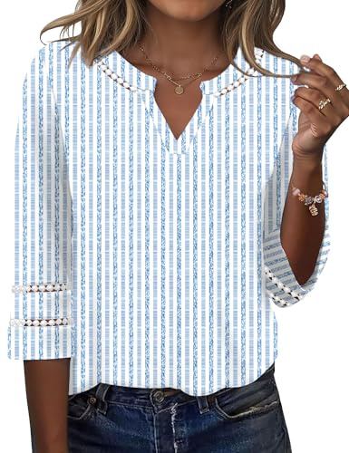 Rapbin Blusa de manga 3/4 para mujer, cuello en V, encaje bordado, para primavera y verano, estilo casual, túnica elegante