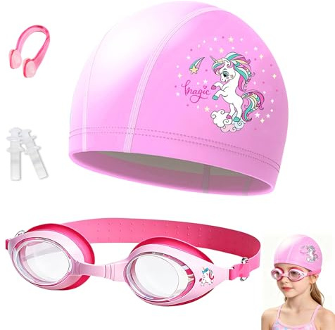 FOSDICK Lunette Piscine Enfant, Anti-Buée Lunettes Piscine Enfants Rose Lunette de Piscine Enfant Lunettes de Natation et Bonnet de Bain Enfant Licorne avec Pince-Nez Bouchons d'Oreilles, Cadeau Fille