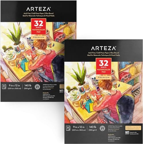 ARTEZA Watercolor Paper Pads, Pack of 2, 9 x 12 Inches, 140 lb / 300 GSM, Cold Press, Acid-Free, 32 Sheets Each, Art Paper for Watercolor, Gouache & Mixed Media