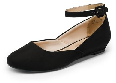 DREAM PAIRS Women's Ballet Flats Pumps Ballerina Ankle Strap Elastic Low Wedge Sandals Round Toe Comfy Dolly Shoes,Size 7,Black/Suede,REVONA