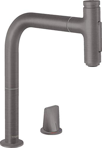 hansgrohe Küchenarmatur Select 2-Loch mit Schlauchbox (Wasserhahn Küche 110° oder 150°schwenkbar, hoher Komfort Auslauf 200mm mit ausziehbarer Brause, 2 Strahlarten und sBox) Brushed Black Chrome
