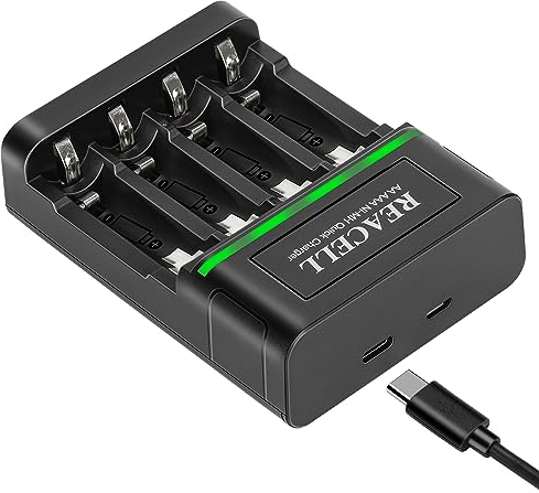 REACELL Akku Ladegerät, für 1-4 AA/AAA NiMH Akkus, AkkuLadegerät mit Typ-C und Micro USB Eingängen, Schnellladefunktion,1 Stunde Ladezeit, Wiederaufladbar Batterieladegerät mit LED Anzeige