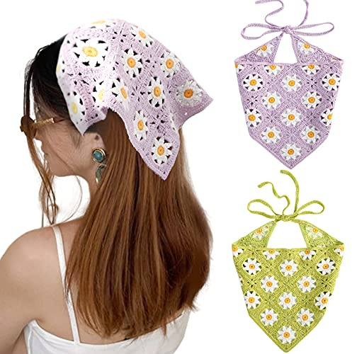 AWAYTR Crochet Bandana Head Kerchief Hair Scarf 2Pcs Knitted Scarves Tie Bcak Floral Headwrap for Women Girls (Daisy(Purple+Green))