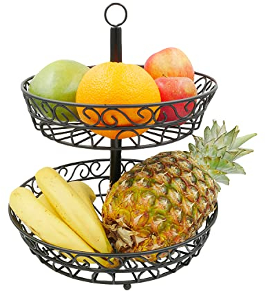 INTIRILIFE Fruit Basket Etagere, 2 Tiers - Tray to Stand and Hang for Fruit, Vegetables and More