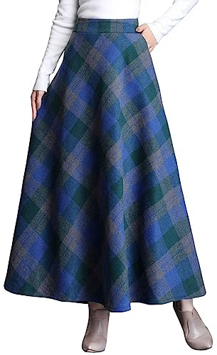 ebossy Women's Vintage High Waist Wool Blend Plaid A-Line Long Maxi Skirt with Pocket (Medium, Plaid Blue)