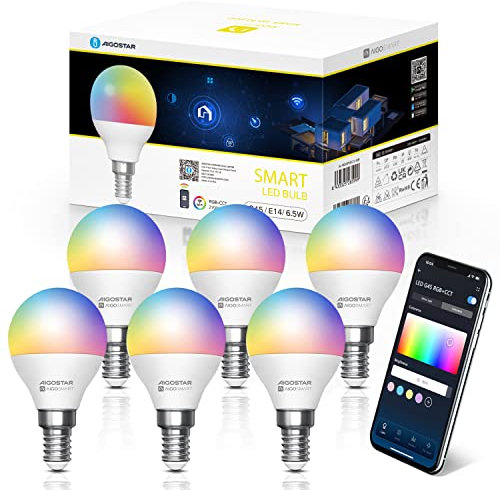 Aigostar Smart Bulb E14, Alexa Smart Bulbs, WiFi Light Bulb 6.5W RGBCW LED Colour Changing Light Bulb Compatible with Amazon Alexa and Google Home, Dimmable, No Hub Required, Energy Saving, 6 Pack