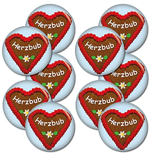 3|5|10 oder EINZELN Button Lebkuchenherz Herzbub 37 mm Button Ansteckbutton Pin Oktoberfest Wiesn Volksfest Anstecker für Kleidung oder Tasche (10x Lebkuchenherz Herzbub)