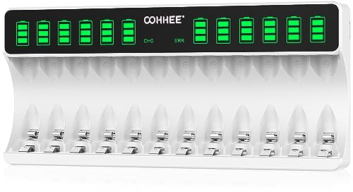OOHHEE Cargador Iinteligente, gran pantalla LCD, cargador para baterías NI-MH/NI-CD, 12 bahías individualmente, color blanco, para pilas AA AAA recargables