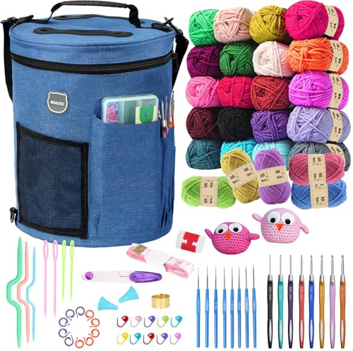 MIAOKE Crochet Kit, Crochet Kit for Beginners, 25 Crochet Yarn and 16 Different Sizes Crochet Hooks Set for Beginners, Include Stitch Markers, Thimble, Yarn Needles in Crochet Storage Blue Bag