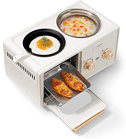 Máquina multifuncional para desayunar, mini horno tostador 4 en 1 con temporizador, plancha antiadherente, olla de huevos, fácil de limpiar, color rosa