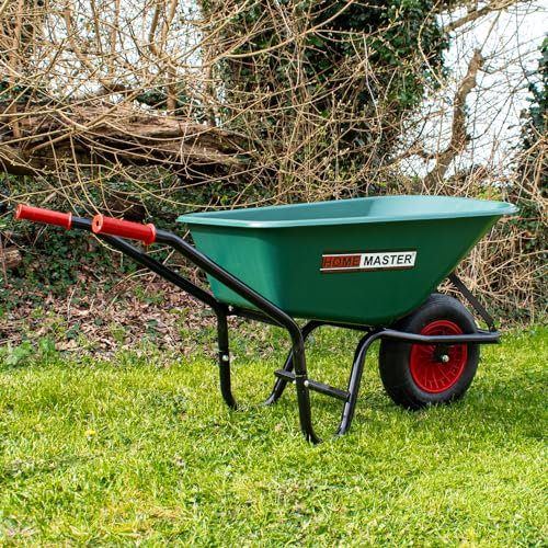 HOMEMASTER® Heavy Duty Garden Wheelbarrow | 90L 150KG | Pneumatic Tyre | Toughened Plastic | Strong Large Transport Trolley Handcart Wheel Barrow | Green & Black