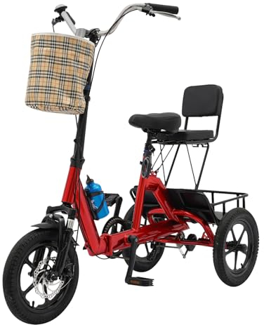 DIFU 14 Zoll Dreirad für Erwachsene, Faltbares Dreirad Fahrrad Premium Erwachsene Dreirad Lastenfahrrad Lasten Dreirad für Jugendliche, Erwachsene, mit Abnehmbaren Vorderen und Hinteren Korb (Rot)