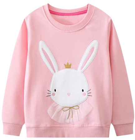Dioshark Felpe per Ragazze Coniglio Corona Rosa Maglioni Animalier Ricamo Cotone Felpe Maniche Lunghe Maglietta Ragazza Primavera Girocollo Pullover Casual Sportivo Scuola Top per Bambini 4-5 Anni