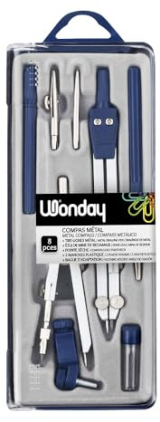WONDAY - Zirkel, 8-teiliges Set, Balluster-Technik mit Linienzieher + Trockenspitze, 1 Universalring, 1 Griff für Linienöffner, 1 Metallschnurzieher, 1 Etui mit 1 Ersatzmine