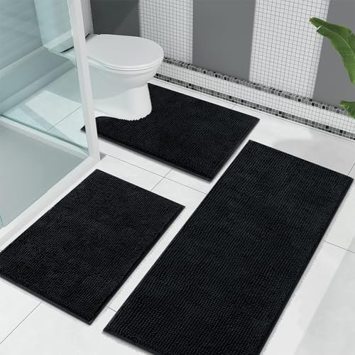 Enyhom Juego de Alfombrillas de baño de felpilla, Suaves, Antideslizantes, absorbentes de Agua, Lavables a máquina, para el Suelo del baño (Negro, 45 x 65 + 45 x 120 + 50 x 60 cm)
