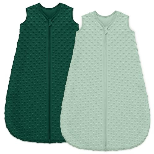 Unnivoll Baby Sleeping Bag 1.5 Tog with Plush Dots Sleep Bag 2 Pack Baby Sleep Sack Wearable Blanket for Newborn Infant 6-12 Months Forest Green
