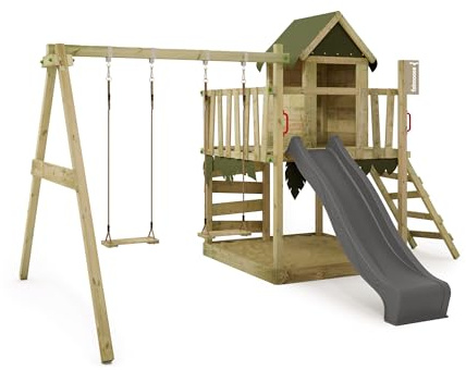 FATMOOSE Spielturm Klettergerüst JazzyJungle Jam XXL mit Schaukel & Rutsche, Outdoor Kinder Kletterturm mit Sandkasten Leiter & Spiel-Zubehör für den Garten (Anthrazit)