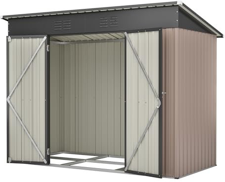 Jaxilyn Metall Gerätehaus 229x111x182cm Gerätehaus mit Pultdach,Gartenhaus Geräteschuppen Garten Schuppen Inkl. Metallfundament (ohne Boden), Geräteschrank für Garten,Braun