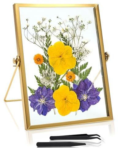 ZRUEWOT Cornice Foto in Vetro Dorata 15x20 – Cornice Oro Fluttuante con Supporto in Metallo – Doppio Vetro per Foto, Fiori Pressati, Certificati, Matrimonio & Decorazione Casa – 2 Pinzette Incluse