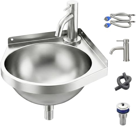 Edelstahl Eckwaschbecken mit Kalt-/Warmwasserhahn, Dreieckiges Wandmontage Badezimmer Waschbecken, Einzelbecken waschbecken Für Küche/Wohnmobile/Badezimmer/Toilette