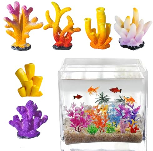 KAHZOR 6 Pezzi Decorazioni Acquario Artificiali, Piante Finte, Accessori per Acquario Pesci, Decorazioni Acqua Dolce, Piante Artificiali con Resina Corallo, Piante Colorate per Acquario
