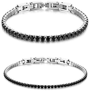 JewelryWe Pulseras para Parejas, Pulseras de Hombre Mujer Pulseras de Tenis con Circonita Cúbica Brillante y Eslabones Acero Inoxidable