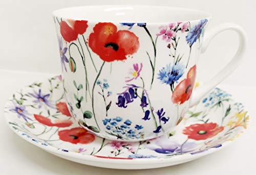 Grande tasse et soucoupe en porcelaine fine décorée à la main au Royaume-Uni Motif fleurs sauvages